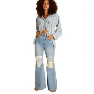Wrangler X Billabong Light Wash True Bell Bottom Jeans Patchwork Hippie Boho 28
